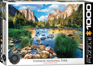 Yosemite National Park jigsaw puzzle by Eurographics featuring a beautiful scene with a flowing river surrounded by lush greenery and towering rock formations. This 1000-piece puzzle captures the stunning landscape of California’s iconic national park, perfect for nature lovers and puzzle enthusiasts alike.