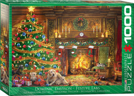 Festive Labs jigsaw puzzle by Eurographics featuring a warm holiday scene. It showcases a beautifully decorated Christmas tree with colorful ornaments, stockings hanging near a cozy fireplace, and playful labrador puppies nestled among presents. A classic winter ambiance with rich wooden accents and glowing candles creates a festive atmosphere. Ideal for family gatherings or relaxing solo.