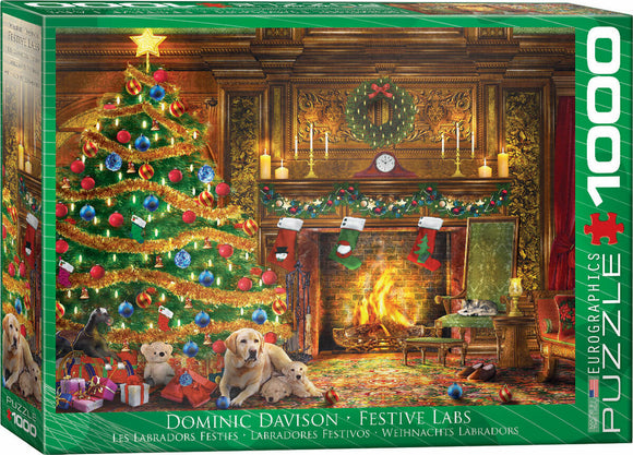 Festive Labs jigsaw puzzle by Eurographics featuring a warm holiday scene. It showcases a beautifully decorated Christmas tree with colorful ornaments, stockings hanging near a cozy fireplace, and playful labrador puppies nestled among presents. A classic winter ambiance with rich wooden accents and glowing candles creates a festive atmosphere. Ideal for family gatherings or relaxing solo.