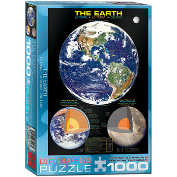 The Earth jigsaw puzzle by Eurographics, featuring a vibrant image of the planet Earth from space. The box displays detailed diagrams of Earth's layers and a glimpse of the Moon. This 1000-piece puzzle provides a captivating and educational experience, perfect for geography enthusiasts and puzzle lovers alike.