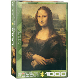 Eurographics 1000-piece jigsaw puzzle featuring Leonardo da Vinci's iconic painting, the Mona Lisa. The vibrant image showcases the famous portrait, with the subject depicted in a serene expression and a detailed background, emphasizing fine art and creativity.