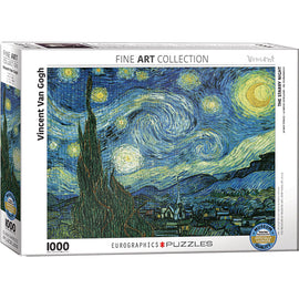 Eurographics jigsaw puzzle featuring Vincent Van Gogh's iconic painting 'Starry Night'. The puzzle consists of 1000 pieces and showcases a swirling night sky filled with stars and a picturesque village.