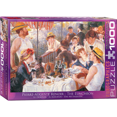 Jigsaw puzzle featuring 'The Luncheon' by Pierre-Auguste Renoir, depicting a lively outdoor scene of people enjoying a meal with vibrant colors and intricate details. The puzzle is a 1000-piece set made by Eurographics, showcasing the artist's classic impressionist style.