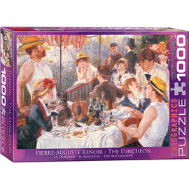 Jigsaw puzzle featuring 'The Luncheon' by Pierre-Auguste Renoir, depicting a lively outdoor scene of people enjoying a meal with vibrant colors and intricate details. The puzzle is a 1000-piece set made by Eurographics, showcasing the artist's classic impressionist style.