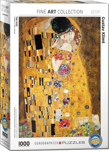 The Kiss jigsaw puzzle by Eurographics features the famous artwork by Gustav Klimt, showcasing a passionate embrace between a couple surrounded by golden patterns and vivid colors. This 1000-piece puzzle captures the intricate details and vibrant hues of Klimt's masterpiece, making it a perfect addition for art lovers and puzzle enthusiasts alike.