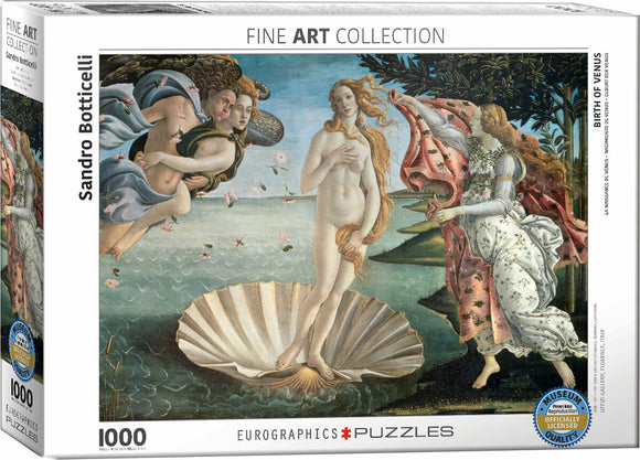 Birth of Venus jigsaw puzzle featuring Sandro Botticelli's iconic artwork. The puzzle showcases Venus emerging from a seashell, captivated by ethereal figures and blooming roses, all set against a serene sea backdrop. This 1000-piece puzzle by Eurographics invites art lovers and puzzle enthusiasts to recreate this masterpiece in their own home, offering quality craftsmanship and a rewarding challenge.