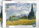 Eurographics Wheat Field with Cypresses jigsaw puzzle featuring Vincent van Gogh's iconic artwork. The puzzle contains 1000 pieces and depicts vibrant swirls of green and yellow fields under a dynamic sky with cypress trees.