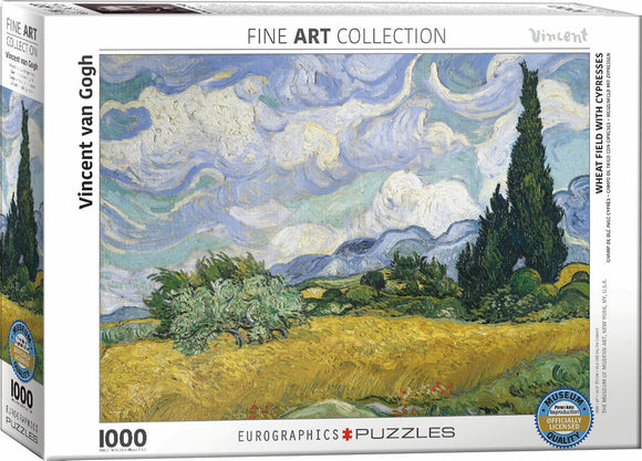 Eurographics Wheat Field with Cypresses jigsaw puzzle featuring Vincent van Gogh's iconic artwork. The puzzle contains 1000 pieces and depicts vibrant swirls of green and yellow fields under a dynamic sky with cypress trees.