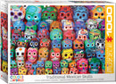 Jigsaw puzzle box featuring vibrant, colorful Traditional Mexican skulls. The artwork showcases intricate patterns and designs on each skull, creating a lively and festive appearance. This 1000-piece puzzle captures the essence of Mexican culture, perfect for puzzle enthusiasts and lovers of art.