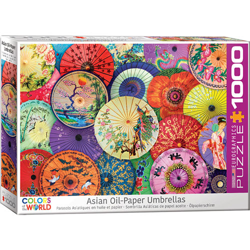 A vibrant jigsaw puzzle box featuring Asian oil-paper umbrellas in a variety of colors and intricate designs. The puzzle has 1000 pieces and showcases beautifully illustrated umbrellas, capturing the essence of Asian culture.