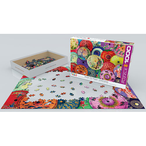 A colorful jigsaw puzzle featuring Asian oil paper umbrellas. The image shows a partially assembled puzzle surrounded by scattered pieces, with the puzzle box prominently displayed. The vibrant designs of the umbrellas reflect traditional Asian artistry, making this puzzle not only a fun activity but also a beautiful artwork once completed.