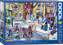 The Usual Gang jigsaw puzzle by Eurographics features a colorful illustration of children playing outside in a snowy neighborhood, showcasing a cozy winter scene with houses and frosty surroundings. This 1000-piece puzzle captures a joyful moment filled with fun, friends, and winter activities.