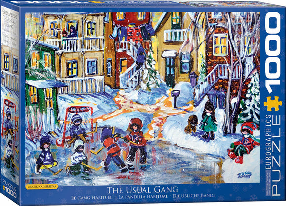 The Usual Gang jigsaw puzzle by Eurographics features a colorful illustration of children playing outside in a snowy neighborhood, showcasing a cozy winter scene with houses and frosty surroundings. This 1000-piece puzzle captures a joyful moment filled with fun, friends, and winter activities.
