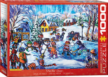 The Snow Day jigsaw puzzle by Eurographics features a vibrant winter scene filled with children playing in the snow, building snowmen, and ice skating. The illustration showcases playful activities amidst a snow-covered landscape, with colorful houses and trees in the background. This 1000-piece puzzle invites family fun and creativity as you piece together this delightful winter wonderland.