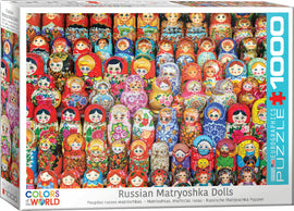 A colorful jigsaw puzzle featuring an array of Russian Matryoshka dolls, showcasing intricate designs, vibrant colors, and various unique patterns. The box displays a packed collection of the dolls, including different sizes and styles, emphasizing their cultural significance and artistry.