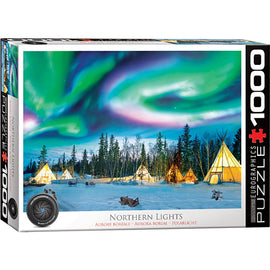 Eurographics 1000-piece jigsaw puzzle titled 'Northern Lights, Yellowknife.' Features a stunning image depicting the vibrant auroras illuminating a snowy landscape with teepees in the foreground, surrounded by pine trees under a night sky.