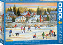 Eurographics Evening Skating jigsaw puzzle featuring a picturesque winter scene of children and adults enjoying an ice skating rink in a snowy village. The artwork showcases playful skaters, a family with a dog, and charming houses, evoking a warm, nostalgic winter atmosphere.