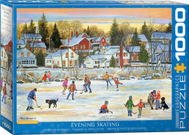 Eurographics Evening Skating jigsaw puzzle featuring a picturesque winter scene of children and adults enjoying an ice skating rink in a snowy village. The artwork showcases playful skaters, a family with a dog, and charming houses, evoking a warm, nostalgic winter atmosphere.