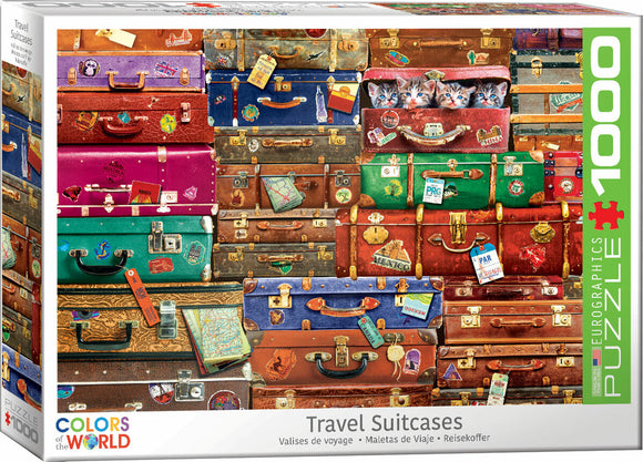 Eurographics 1000-piece jigsaw puzzle featuring a colorful assortment of vintage travel suitcases adorned with stickers and tags. The design showcases an array of suitcases in various colors, including reds, blues, and greens, some with playful imagery of kittens peeking out. Perfect for travel enthusiasts and puzzle lovers alike.