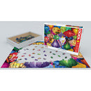 A vibrant jigsaw puzzle titled 'Asian Lanterns' by Eurographics, featuring colorful and intricately designed lanterns in various shapes and patterns. The box is open beside a partially assembled puzzle showcasing the lively image on the puzzle pieces, set on a white background.