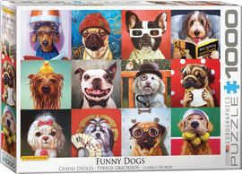 A jigsaw puzzle box featuring humorous portraits of dogs in various funny costumes and poses, including a dog with glasses, a dog wearing a hat, and one holding a fan. The colorful artwork is by Lucia Heffernan and highlights the whimsical personalities of these dogs, making it a delightful puzzle for dog lovers.