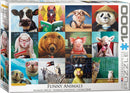 The 'Funny Animals' jigsaw puzzle by Eurographics features a colorful collage of whimsical animal portraits, each displaying humorous expressions and playful elements. This 1000-piece puzzle showcases various animals, including a cow, horse, rabbit, bear, pig, panda, and more, all adorned with glasses and quirky accessories, set against vibrant backgrounds. Perfect for puzzle enthusiasts and animal lovers, it promises an entertaining and engaging experience.
