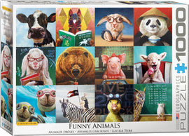 The 'Funny Animals' jigsaw puzzle by Eurographics features a colorful collage of whimsical animal portraits, each displaying humorous expressions and playful elements. This 1000-piece puzzle showcases various animals, including a cow, horse, rabbit, bear, pig, panda, and more, all adorned with glasses and quirky accessories, set against vibrant backgrounds. Perfect for puzzle enthusiasts and animal lovers, it promises an entertaining and engaging experience.
