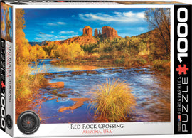 A colorful jigsaw puzzle box featuring an image of Red Rock Crossing in Arizona. The puzzle showcases vibrant autumn colors with a scenic view of a river, rock formations, and lush greenery, designed for puzzle enthusiasts.