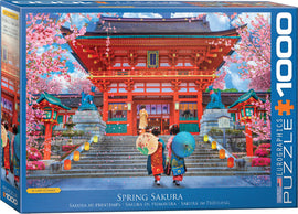 The Spring Sakura jigsaw puzzle by Eurographics features a stunning illustration of traditional Japanese architecture surrounded by blooming cherry blossom trees. The vibrant image depicts elegantly dressed figures with colorful umbrellas walking up staircases illuminated by lanterns, capturing the essence of spring in Japan. This 1000-piece puzzle provides a challenging and engaging experience for puzzle enthusiasts.