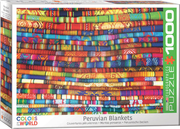 A vibrant jigsaw puzzle featuring a colorful array of traditional Peruvian blankets stacked together. The puzzle, made by Eurographics, showcases intricate patterns and bright colors, offering a delightful challenge for puzzle enthusiasts and those who appreciate cultural art.