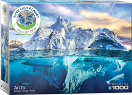 Eurographics Arctic jigsaw puzzle featuring a visually stunning image of a massive iceberg reflected in clear blue waters under a dramatic sky. The puzzle contains 1000 pieces, providing a challenging and engaging experience for puzzle enthusiasts while promoting awareness of Arctic environments.
