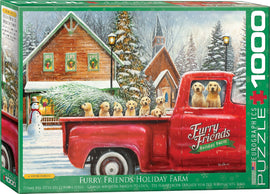The 'Furry Friends Holiday Farm' jigsaw puzzle by Eurographics features a snowy scene with a red truck filled with golden retrievers. In the background, there are cozy houses adorned with festive wreaths and a snowman, creating a warm, holiday atmosphere. This colorful 1000-piece puzzle captures the joy of the festive season and the charm of farm life.