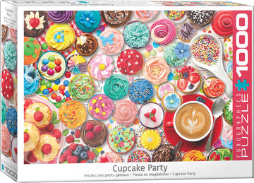 The Cupcake Party jigsaw puzzle by Eurographics features an assortment of colorful cupcakes, decorated with sprinkles, flowers, and fruit, arranged beautifully with a cup of coffee, creating a festive dessert scene. Perfect for puzzle enthusiasts and baking lovers alike.