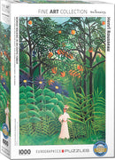 A jigsaw puzzle box featuring a vibrant artwork titled 'Woman Walking in an Exotic Forest' by Henri Rousseau. The illustration depicts a woman in a white dress amidst a lush, colorful forest with various types of foliage and large flowers, providing a sense of tranquility and adventure. The puzzle has 1000 pieces and is part of the Fine Art Collection by Eurographics.