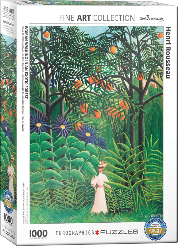 A jigsaw puzzle box featuring a vibrant artwork titled 'Woman Walking in an Exotic Forest' by Henri Rousseau. The illustration depicts a woman in a white dress amidst a lush, colorful forest with various types of foliage and large flowers, providing a sense of tranquility and adventure. The puzzle has 1000 pieces and is part of the Fine Art Collection by Eurographics.