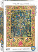 The Tree of Life Tapestry jigsaw puzzle by Eurographics features a vibrant, intricate design inspired by William Morris. The completed image showcases a detailed tree surrounded by colorful flowers and birds, ideal for art enthusiasts and puzzle lovers. This 1000-piece puzzle offers a rewarding challenge for adults and older children, making it perfect for family fun or personal relaxation.
