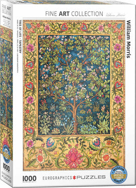 The Tree of Life Tapestry jigsaw puzzle by Eurographics features a vibrant, intricate design inspired by William Morris. The completed image showcases a detailed tree surrounded by colorful flowers and birds, ideal for art enthusiasts and puzzle lovers. This 1000-piece puzzle offers a rewarding challenge for adults and older children, making it perfect for family fun or personal relaxation.