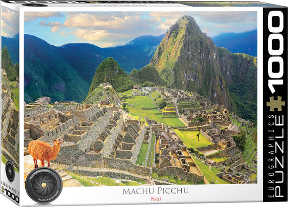 A picturesque jigsaw puzzle featuring the iconic Machu Picchu in Peru. The image showcases detailed stone structures surrounded by lush mountains, with a llama in the foreground. The packaging indicates it contains 1000 pieces, designed by Eurographics.