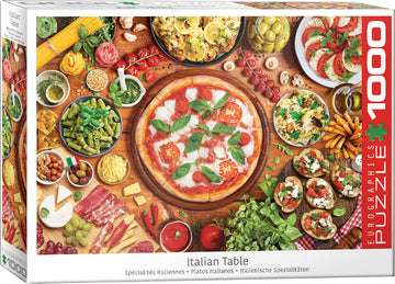 A colorful jigsaw puzzle titled 'Italian Table' by Eurographics, featuring a beautifully arranged spread of Italian dishes, including a pizza topped with fresh basil, various pasta dishes, olives, and vibrant vegetables, all artfully displayed on a wooden table. This 1000-piece puzzle captures the essence of Italian cuisine in a delightful and challenging design.