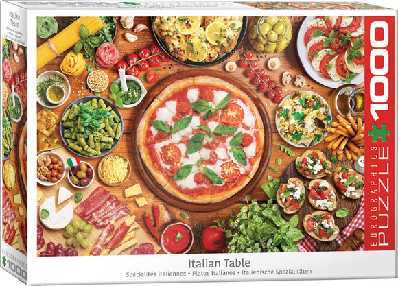 A colorful jigsaw puzzle titled 'Italian Table' by Eurographics, featuring a beautifully arranged spread of Italian dishes, including a pizza topped with fresh basil, various pasta dishes, olives, and vibrant vegetables, all artfully displayed on a wooden table. This 1000-piece puzzle captures the essence of Italian cuisine in a delightful and challenging design.