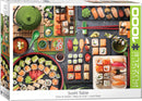 The Sushi Table jigsaw puzzle features a vibrant and detailed arrangement of various sushi dishes, including nigiri, sashimi, and rolls, accompanied by traditional green tea and bamboo mats. This 1000-piece puzzle showcases colorful ingredients, offering an aesthetically pleasing challenge for sushi lovers and puzzle enthusiasts alike.