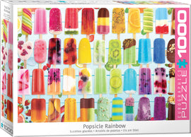 Popsicle Rainbow jigsaw puzzle by Eurographics featuring a colorful array of different popsicles displayed in a grid format, showcasing vibrant flavors and designs. The puzzle consists of 1000 pieces, ideal for puzzle enthusiasts and families looking for a fun activity.