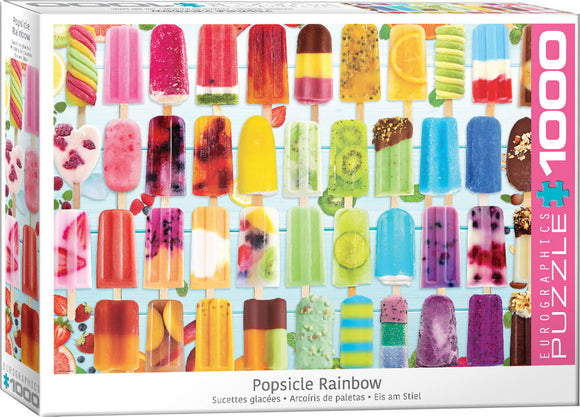 Popsicle Rainbow jigsaw puzzle by Eurographics featuring a colorful array of different popsicles displayed in a grid format, showcasing vibrant flavors and designs. The puzzle consists of 1000 pieces, ideal for puzzle enthusiasts and families looking for a fun activity.