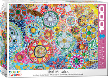 A colorful jigsaw puzzle box featuring Thai Mosaic artwork by Eurographics. The design showcases vibrant circular patterns in multiple colors and textures, representing traditional Thai mosaics. The box indicates that it contains 1000 pieces.