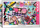 Eurographics Makeup Palette jigsaw puzzle featuring a vibrant collection of lipsticks, eyeshadows, makeup brushes, and beauty tools arranged artistically on a colorful background. Perfect for makeup enthusiasts and puzzle lovers alike, this 1000-piece puzzle showcases the beauty of cosmetics in a fun and interactive way.
