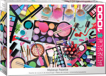 Eurographics Makeup Palette jigsaw puzzle featuring a vibrant collection of lipsticks, eyeshadows, makeup brushes, and beauty tools arranged artistically on a colorful background. Perfect for makeup enthusiasts and puzzle lovers alike, this 1000-piece puzzle showcases the beauty of cosmetics in a fun and interactive way.