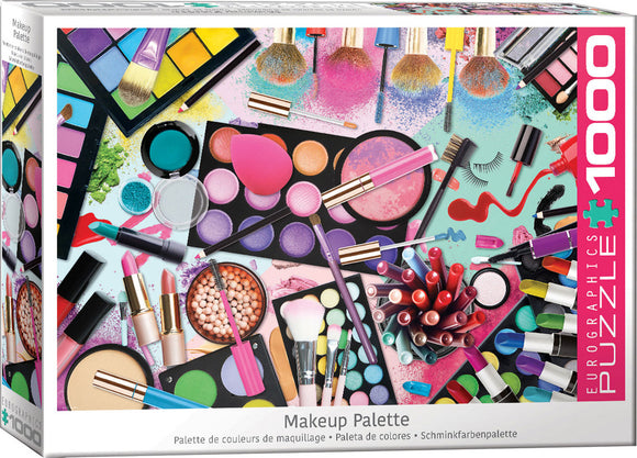 Eurographics Makeup Palette jigsaw puzzle featuring a vibrant collection of lipsticks, eyeshadows, makeup brushes, and beauty tools arranged artistically on a colorful background. Perfect for makeup enthusiasts and puzzle lovers alike, this 1000-piece puzzle showcases the beauty of cosmetics in a fun and interactive way.
