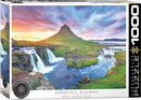 Eurographics Kirkjufell Mountain Jigsaw Puzzle featuring a stunning landscape of Kirkjufell Mountain in Iceland during sunset, with flowing waterfalls and lush greenery. The puzzle contains 1000 high-quality pieces, perfect for landscape lovers and puzzle enthusiasts.