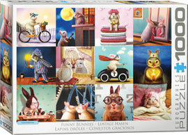 A colorful jigsaw puzzle box featuring whimsical illustrations of rabbits in various humorous settings, such as riding bikes, playing guitar, and wearing pajamas. The puzzle includes 1000 pieces and showcases a charming blend of playful artwork, perfect for animal lovers and puzzle enthusiasts alike.