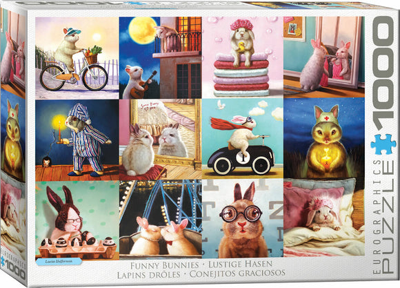 A colorful jigsaw puzzle box featuring whimsical illustrations of rabbits in various humorous settings, such as riding bikes, playing guitar, and wearing pajamas. The puzzle includes 1000 pieces and showcases a charming blend of playful artwork, perfect for animal lovers and puzzle enthusiasts alike.